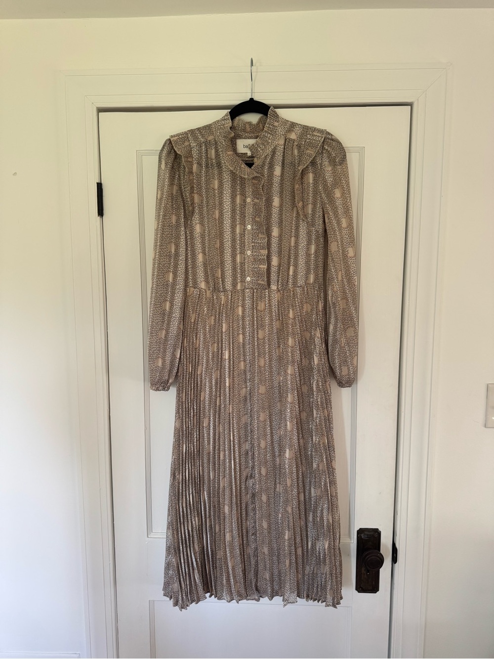 ba&sh Beige Metallic Pleated Midi Dress